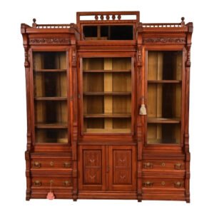Antique Eastlake Victorian Carved Walnut Triple Bookcase Cabinet