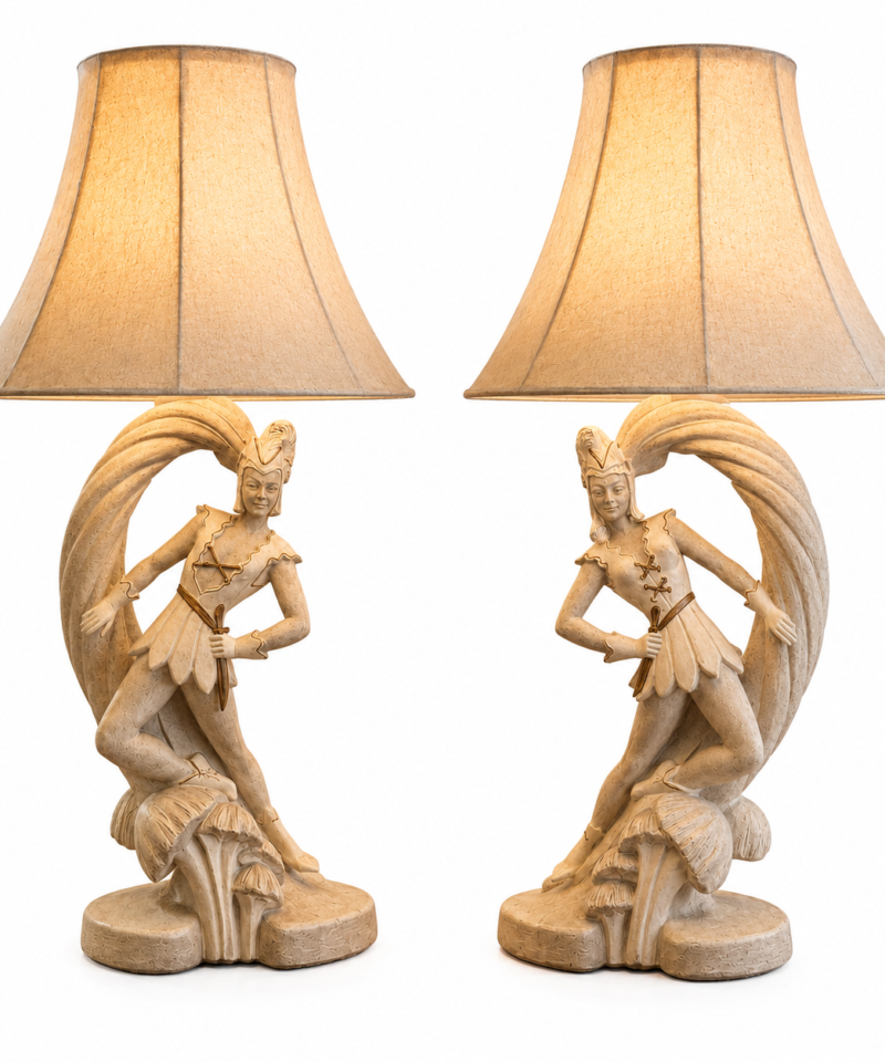 Vintage Figurine Table Lamp Set of 2 with Fabric Shades