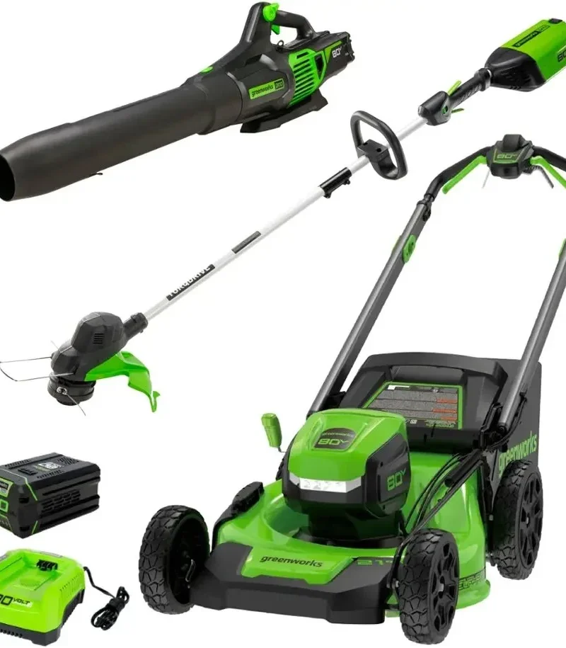 Greenworks 80V 21” Lawn Mower, 13” String Trimmer, and 730 Leaf Blowers. - Image 5