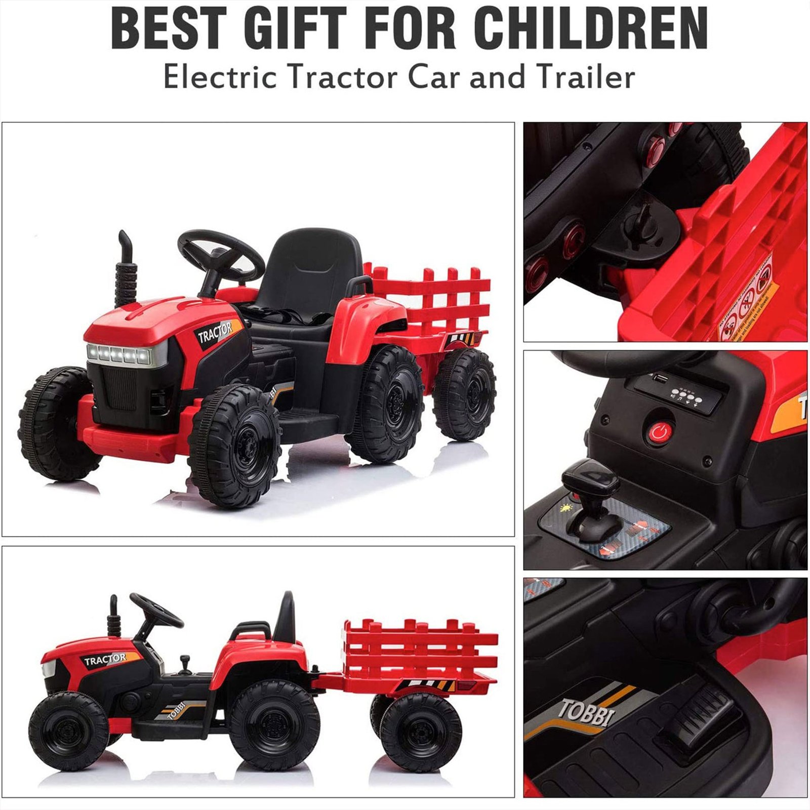 12V Kids Electric Battery-Powered Ride On Toy Tractor with Trailer, Red - Image 3
