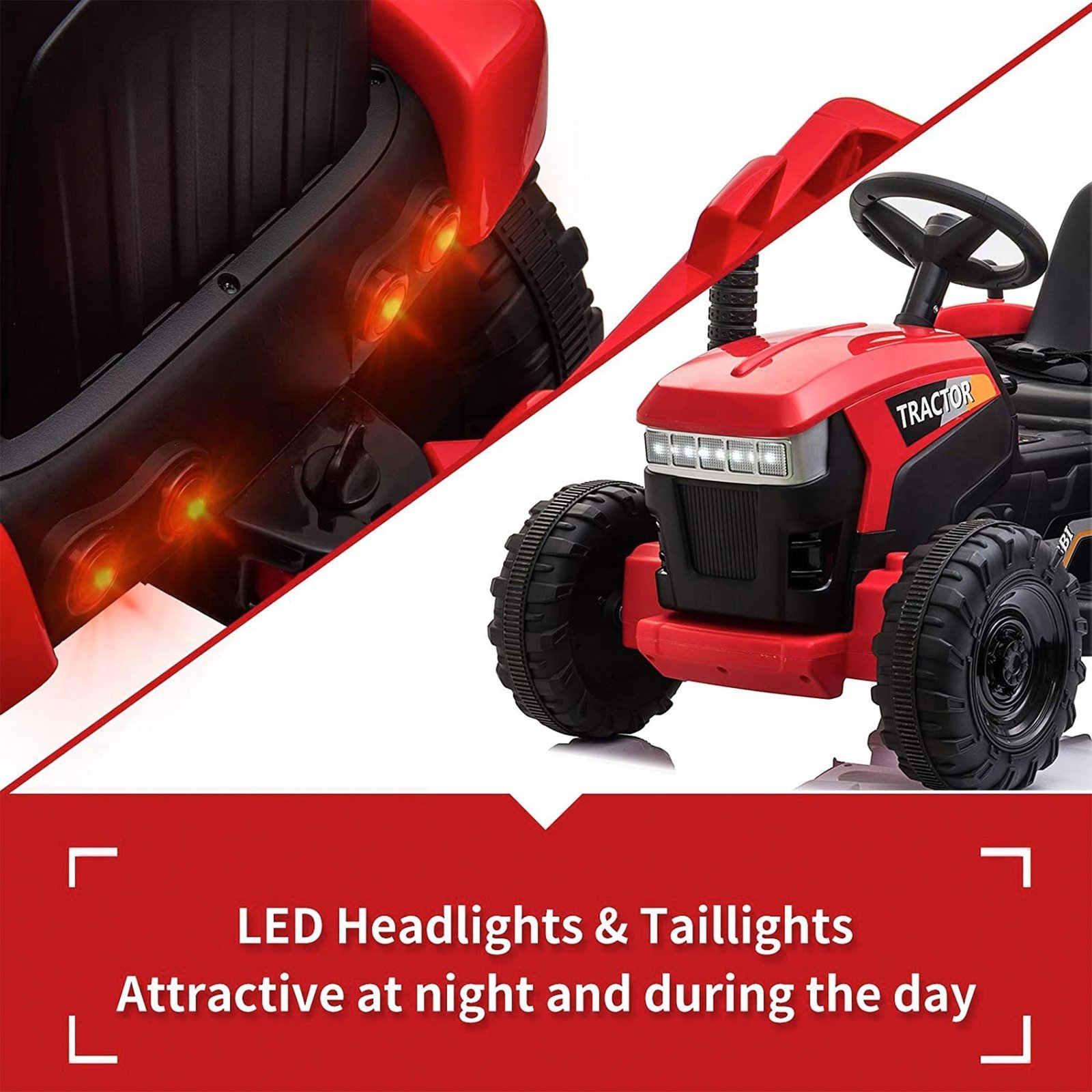 12V Kids Electric Battery-Powered Ride On Toy Tractor with Trailer, Red - Image 4
