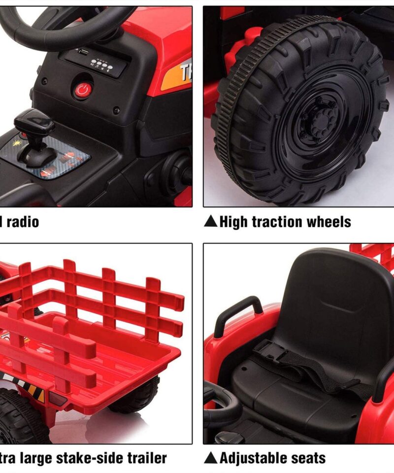 12V Kids Electric Battery-Powered Ride On Toy Tractor with Trailer, Red - Image 5