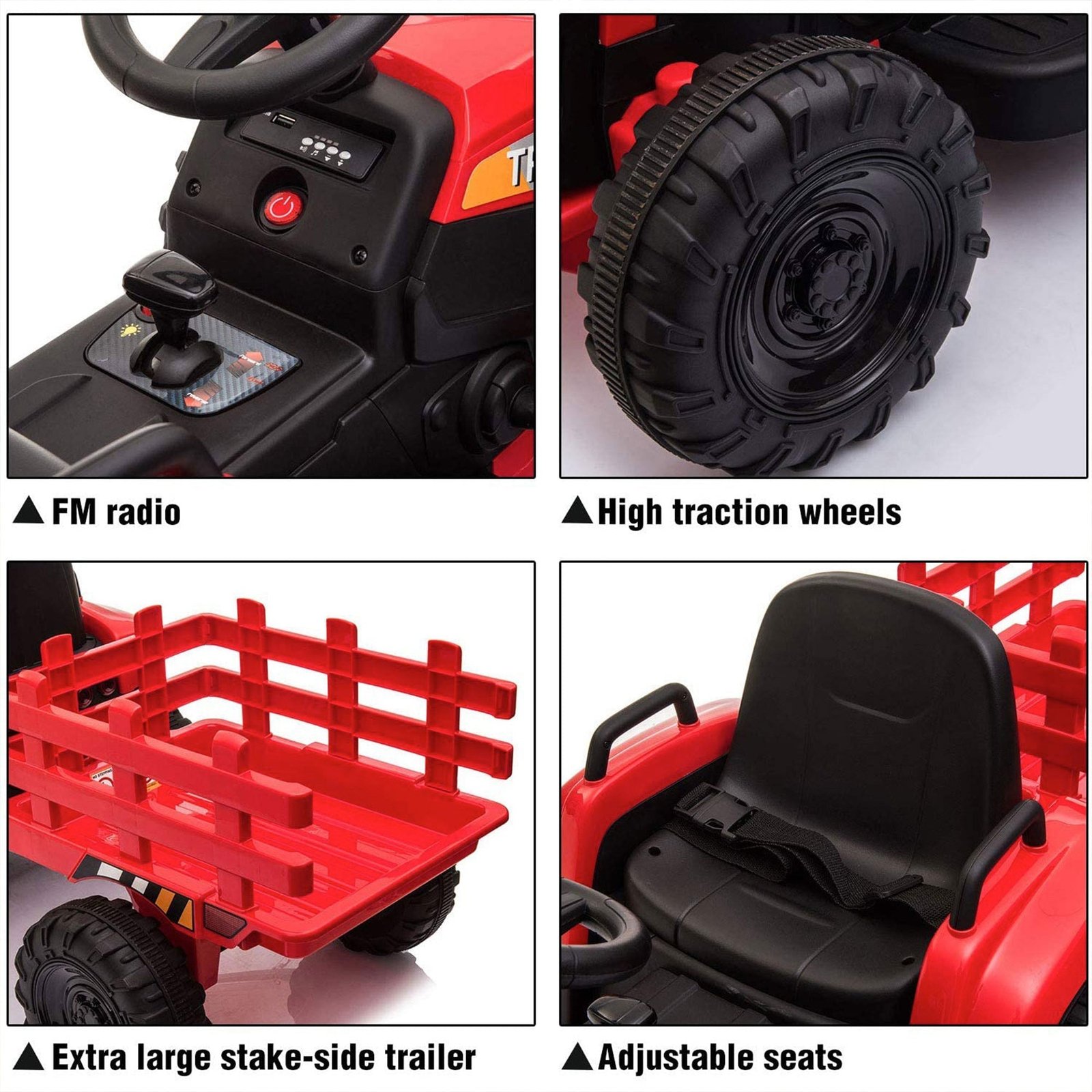 12V Kids Electric Battery-Powered Ride On Toy Tractor with Trailer, Red - Image 5