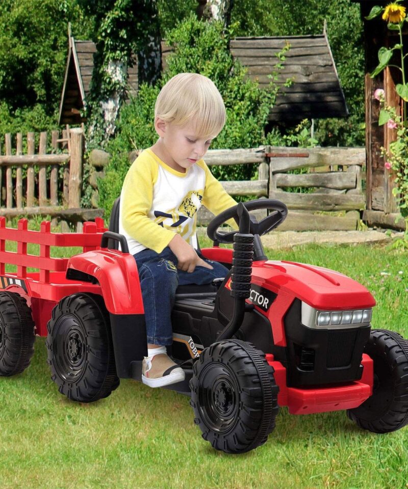 12V Kids Electric Battery-Powered Ride On Toy Tractor with Trailer, Red - Image 6