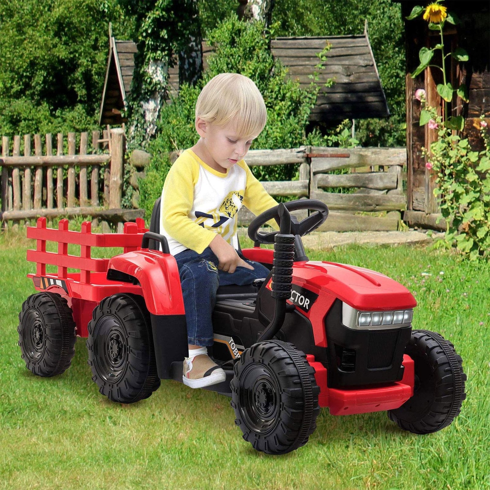 12V Kids Electric Battery-Powered Ride On Toy Tractor with Trailer, Red - Image 6