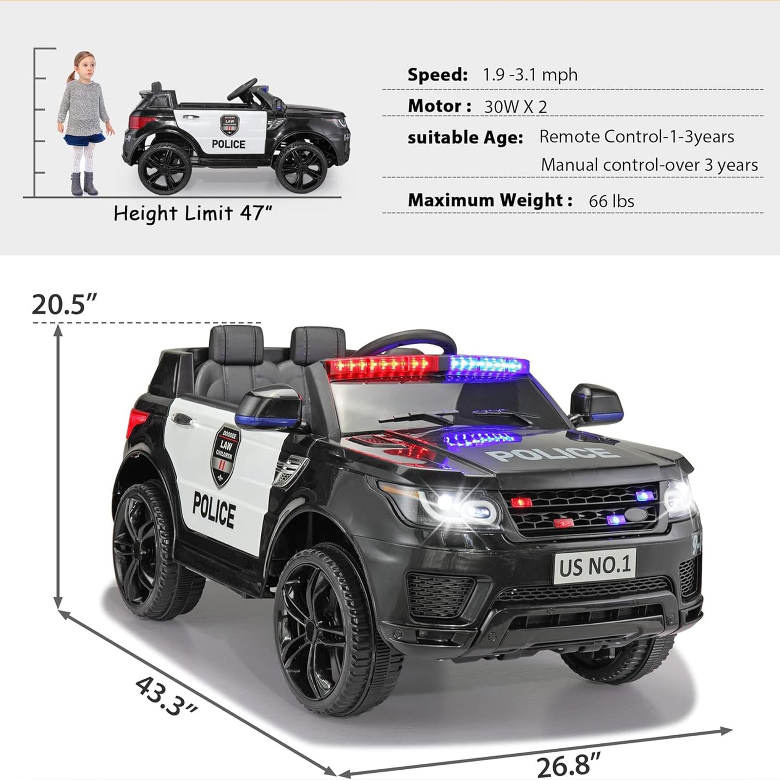 12 Volt Battery Powered Ride On Police SUV for Kids Ages 3 Years, Black - Image 2