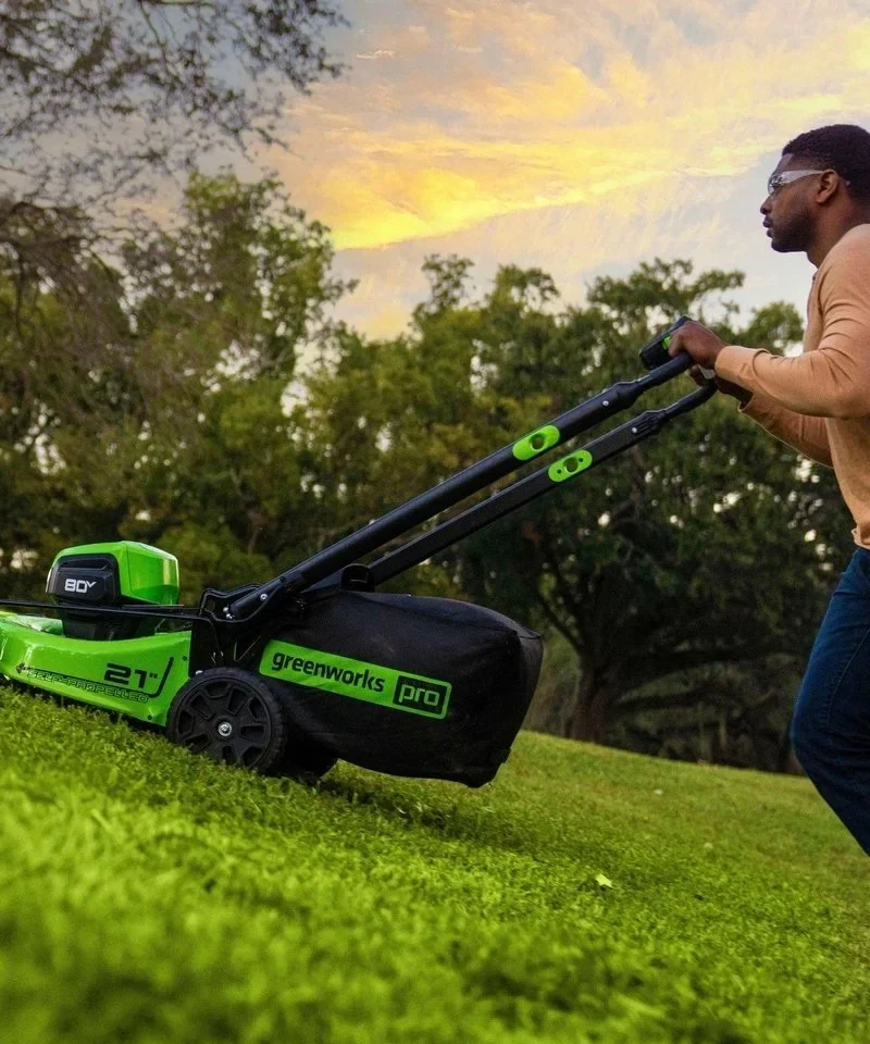 Greenworks 80V 21” Lawn Mower, 13” String Trimmer, and 730 Leaf Blowers. - Image 3
