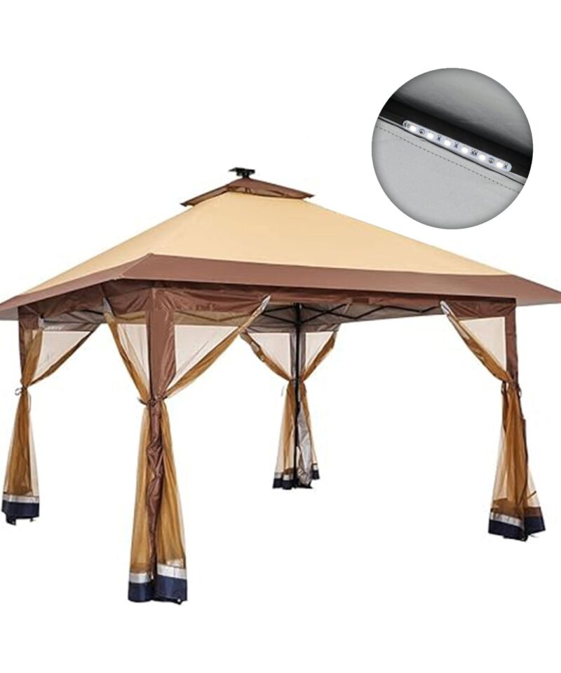 12×12 Instant Pop Up Gazebo Solar Light Screen Canopy Tent Cover, Brown