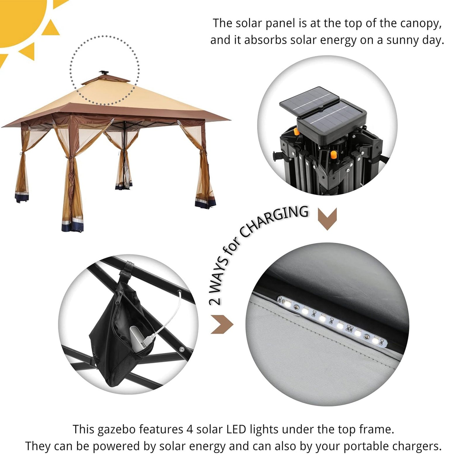 12×12 Instant Pop Up Gazebo Solar Light Screen Canopy Tent Cover, Brown - Image 2