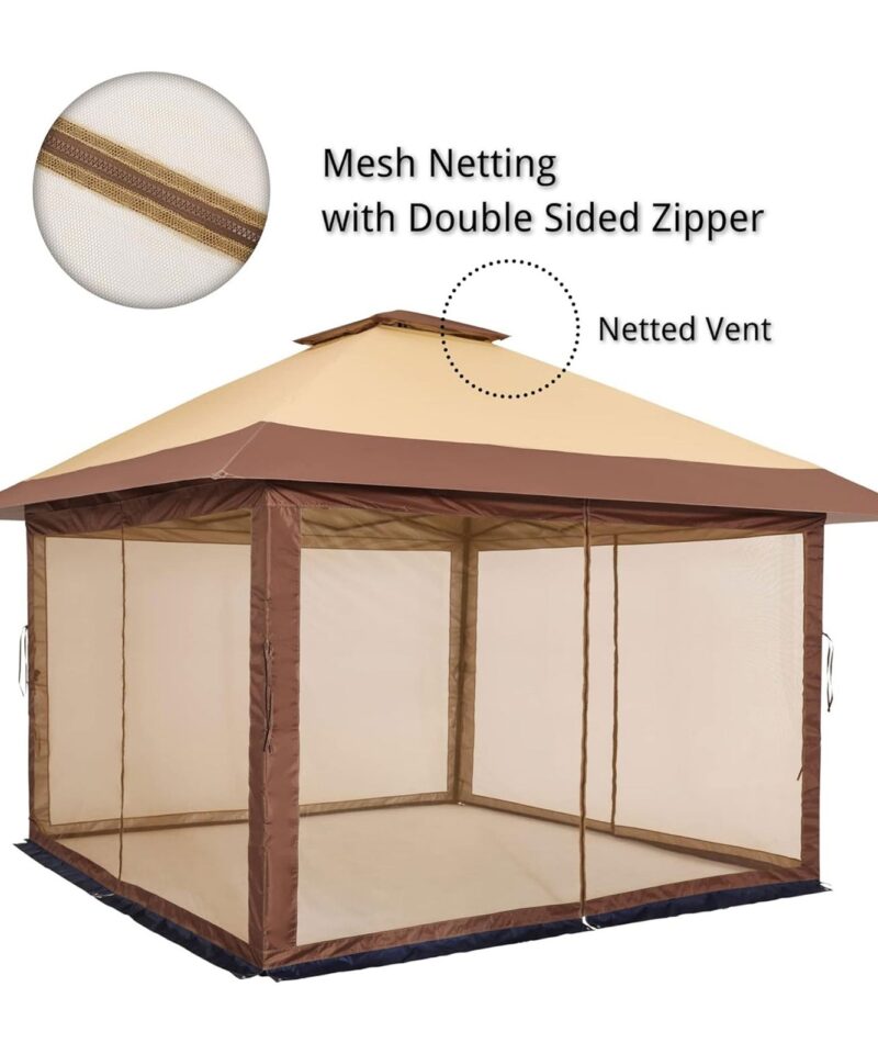 12×12 Instant Pop Up Gazebo Solar Light Screen Canopy Tent Cover, Brown - Image 3