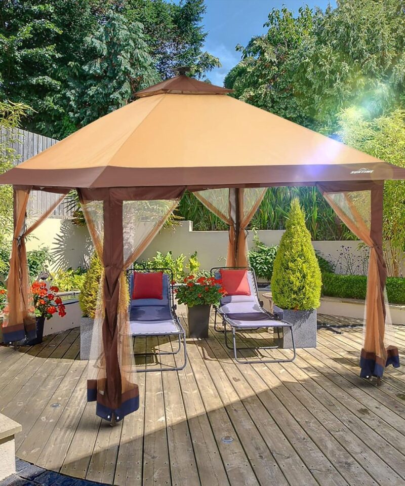 12×12 Instant Pop Up Gazebo Solar Light Screen Canopy Tent Cover, Brown - Image 6