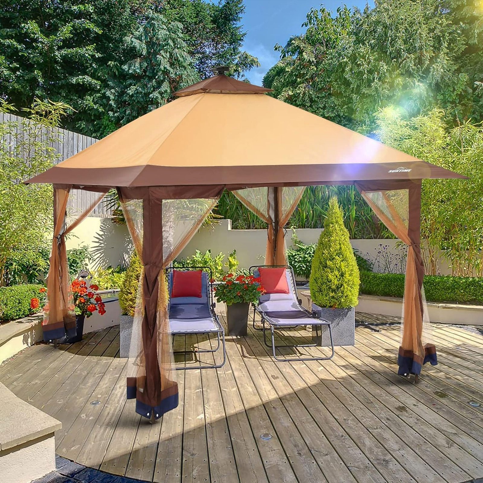 12×12 Instant Pop Up Gazebo Solar Light Screen Canopy Tent Cover, Brown - Image 6