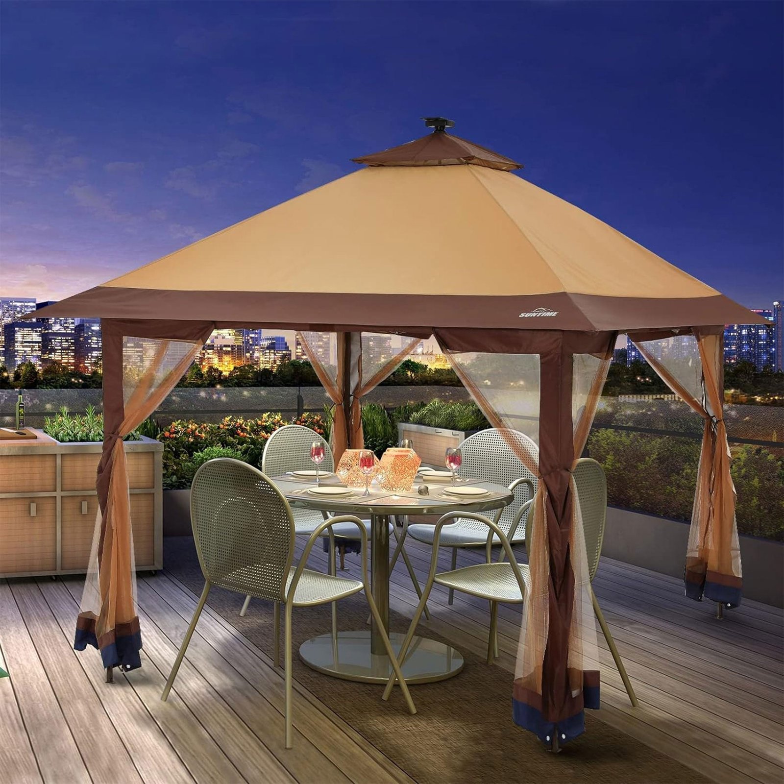 12×12 Instant Pop Up Gazebo Solar Light Screen Canopy Tent Cover, Brown - Image 7