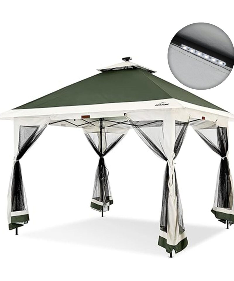 12×12 Instant Pop Up Gazebo Solar Light Screen Canopy Tent Cover, Green