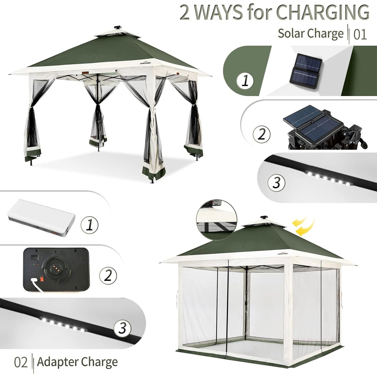 12×12 Instant Pop Up Gazebo Solar Light Screen Canopy Tent Cover, Green - Image 2