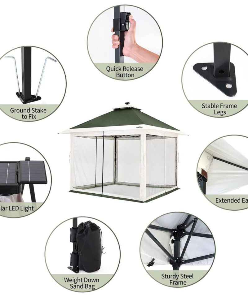 12×12 Instant Pop Up Gazebo Solar Light Screen Canopy Tent Cover, Green - Image 4
