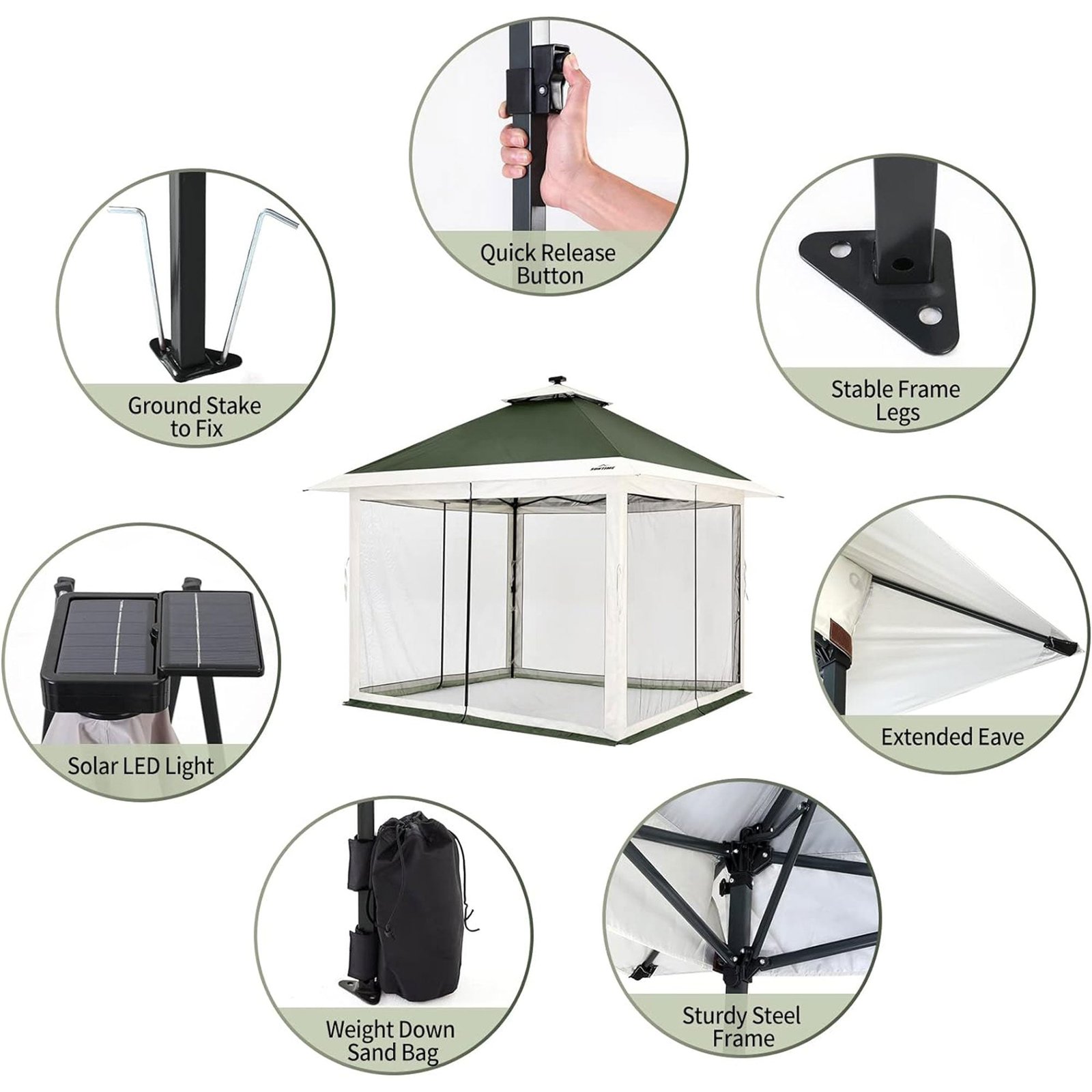 12×12 Instant Pop Up Gazebo Solar Light Screen Canopy Tent Cover, Green - Image 4