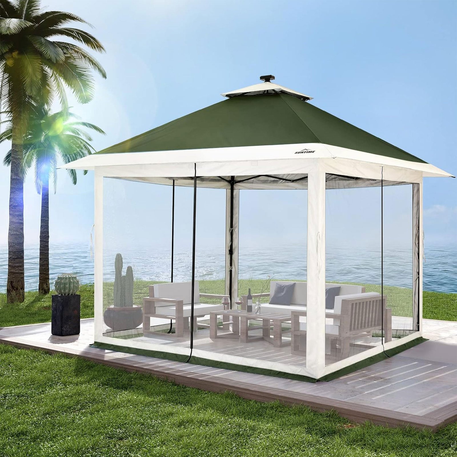 12×12 Instant Pop Up Gazebo Solar Light Screen Canopy Tent Cover, Green - Image 7