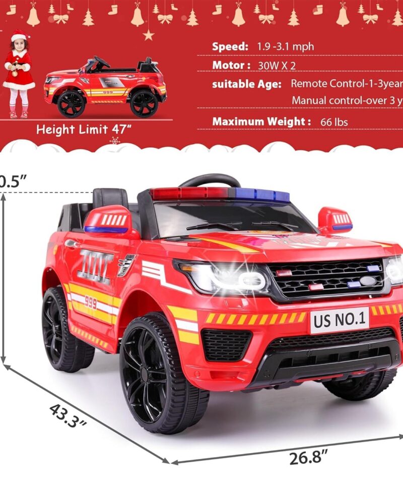 12 Volt Battery Powered Ride On Fire Truck for Kids Ages 3 Years, Red - Image 2