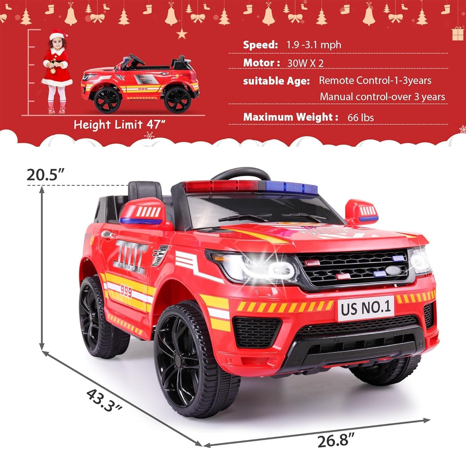 12 Volt Battery Powered Ride On Fire Truck for Kids Ages 3 Years, Red - Image 2