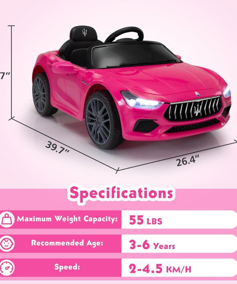 Alternative view of Kids Ride On Car, 12V Maserati Ghibli Electric Toy w/ Remote, Music, Pink