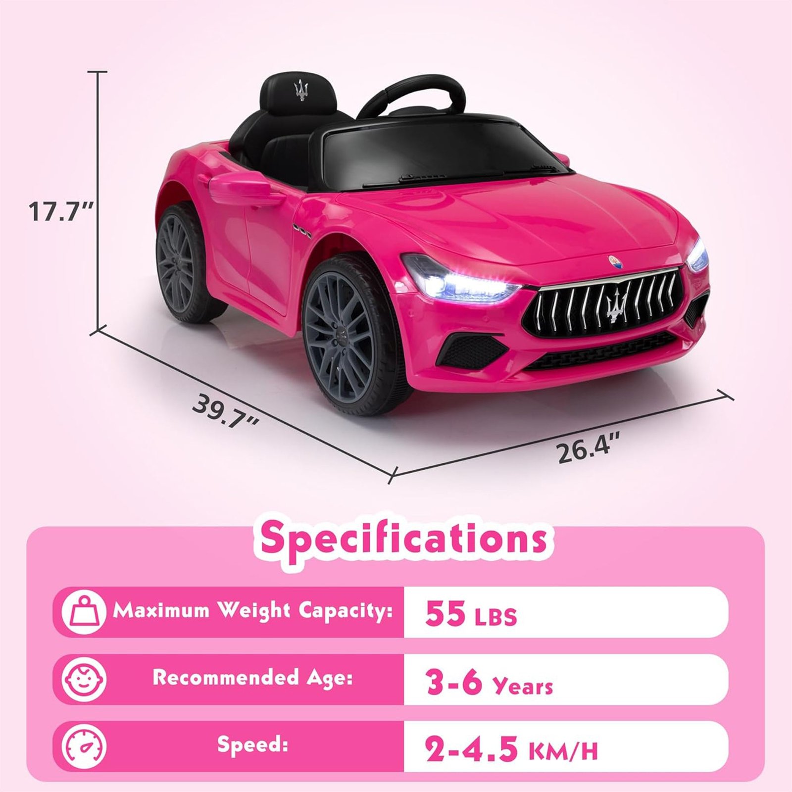 Kids Ride On Car, 12V Maserati Ghibli Electric Toy w/ Remote, Music, Pink - Image 2