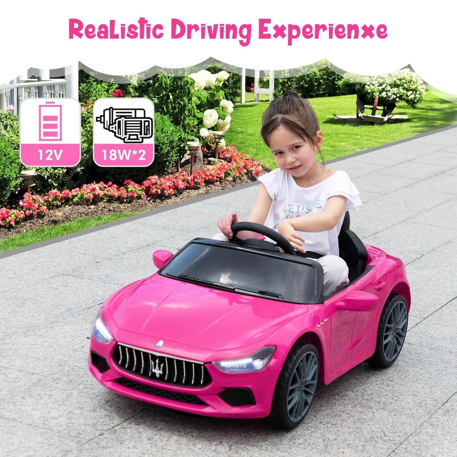 Kids Ride On Car, 12V Maserati Ghibli Electric Toy w/ Remote, Music, Pink - Image 8