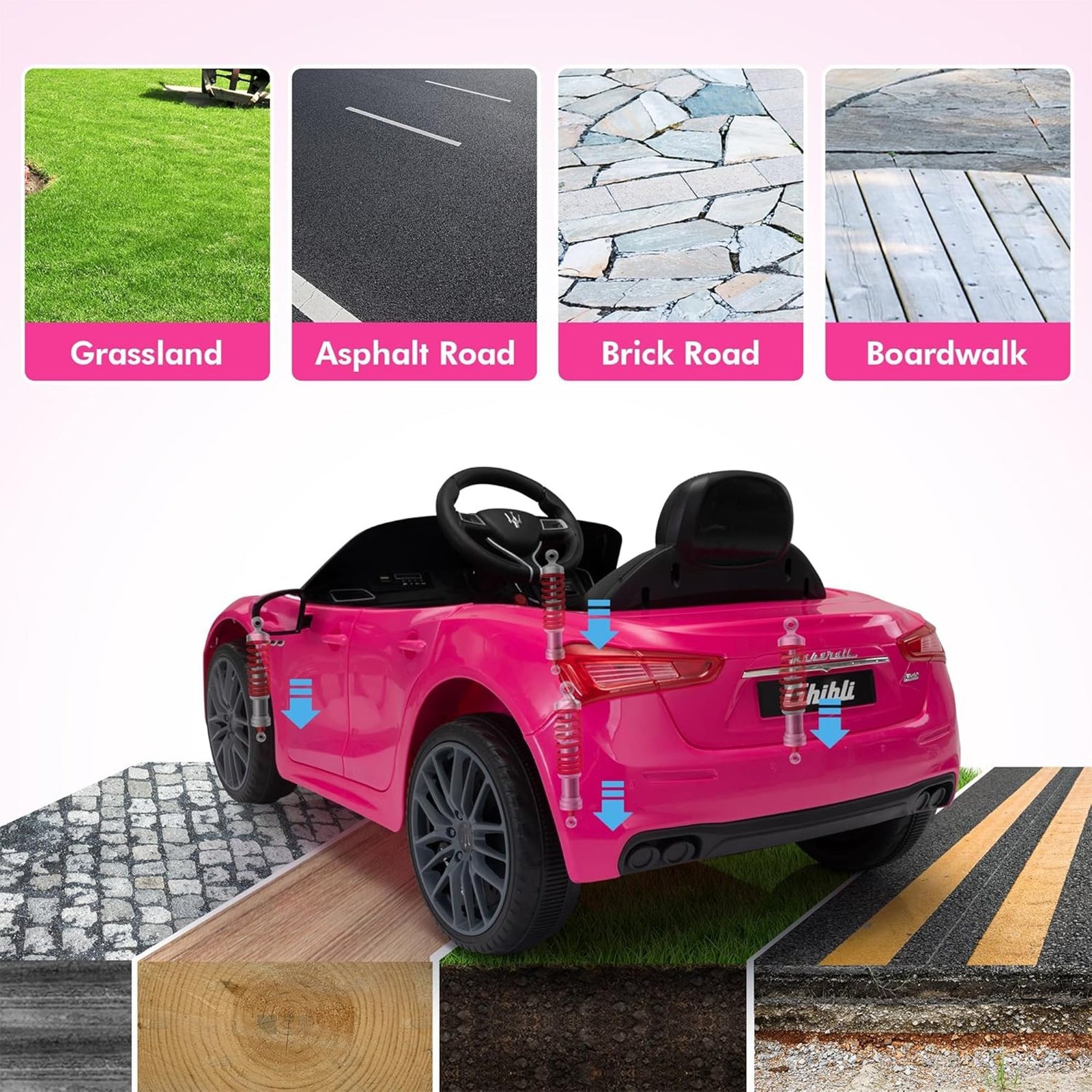 Kids Ride On Car, 12V Maserati Ghibli Electric Toy w/ Remote, Music, Pink - Image 9