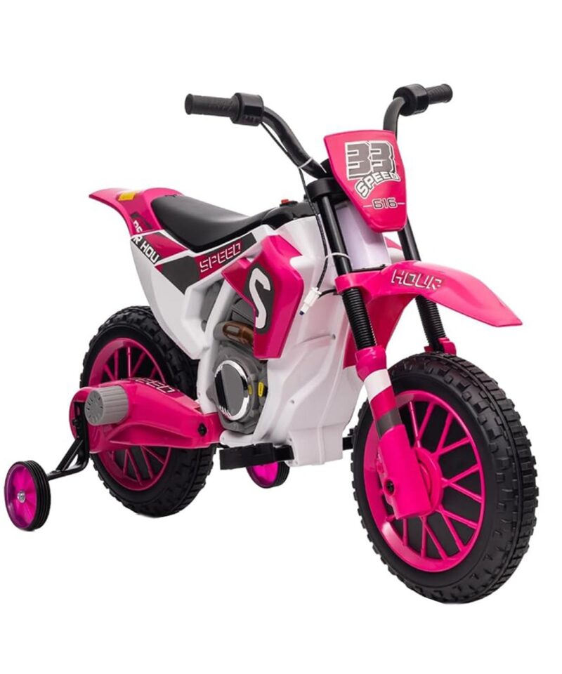 12 Volt Toddler Motorcycle Kids Dirt Bike with Training Wheels, Rose Pink