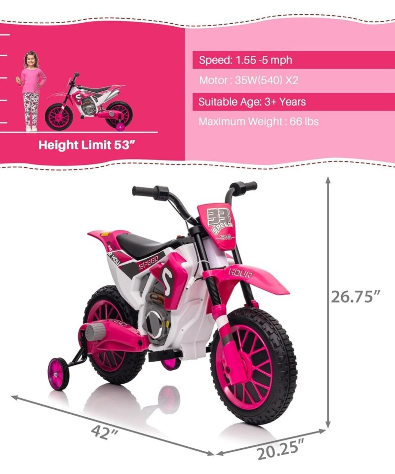 Alternative view of 12 Volt Toddler Motorcycle Kids Dirt Bike with Training Wheels, Rose Pink