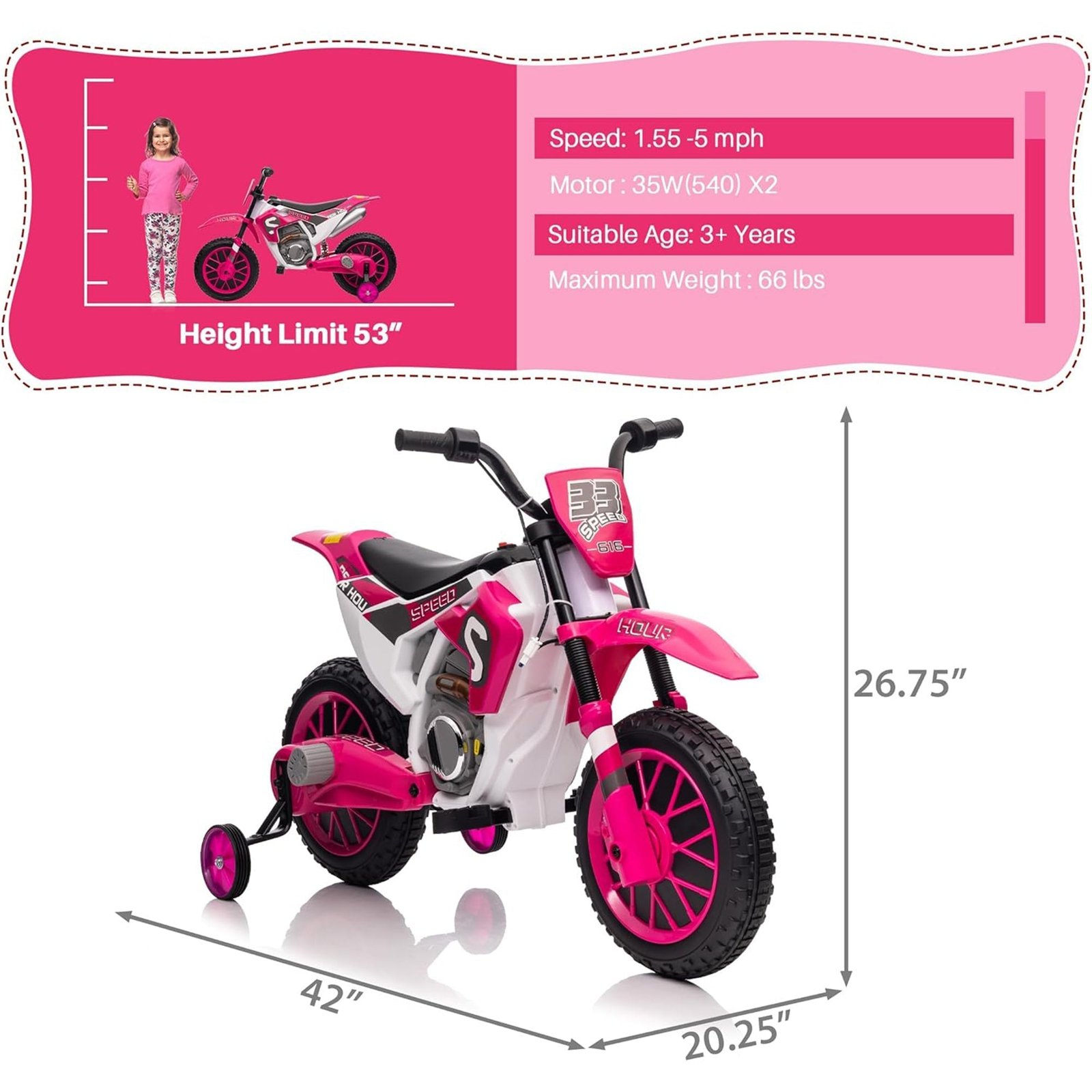 12 Volt Toddler Motorcycle Kids Dirt Bike with Training Wheels, Rose Pink - Image 2