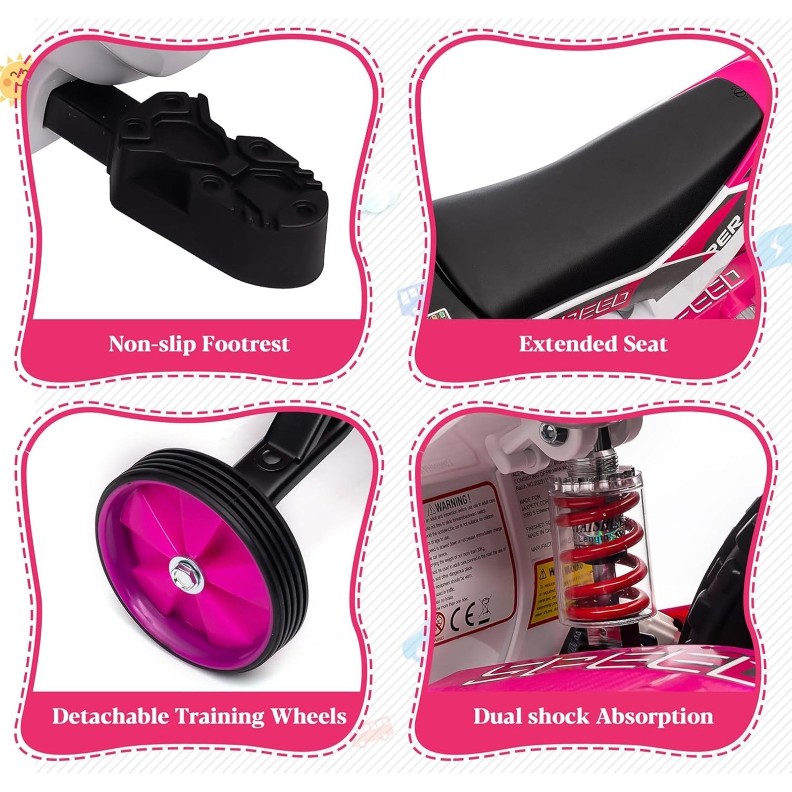 12 Volt Toddler Motorcycle Kids Dirt Bike with Training Wheels, Rose Pink - Image 3