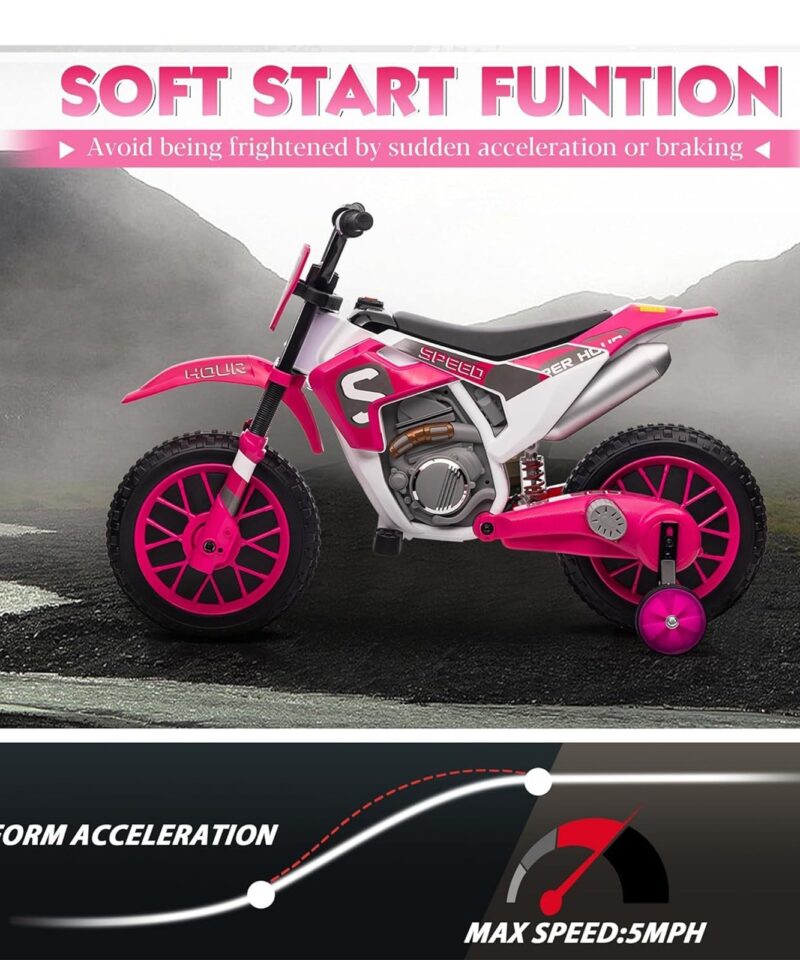12 Volt Toddler Motorcycle Kids Dirt Bike with Training Wheels, Rose Pink - Image 4