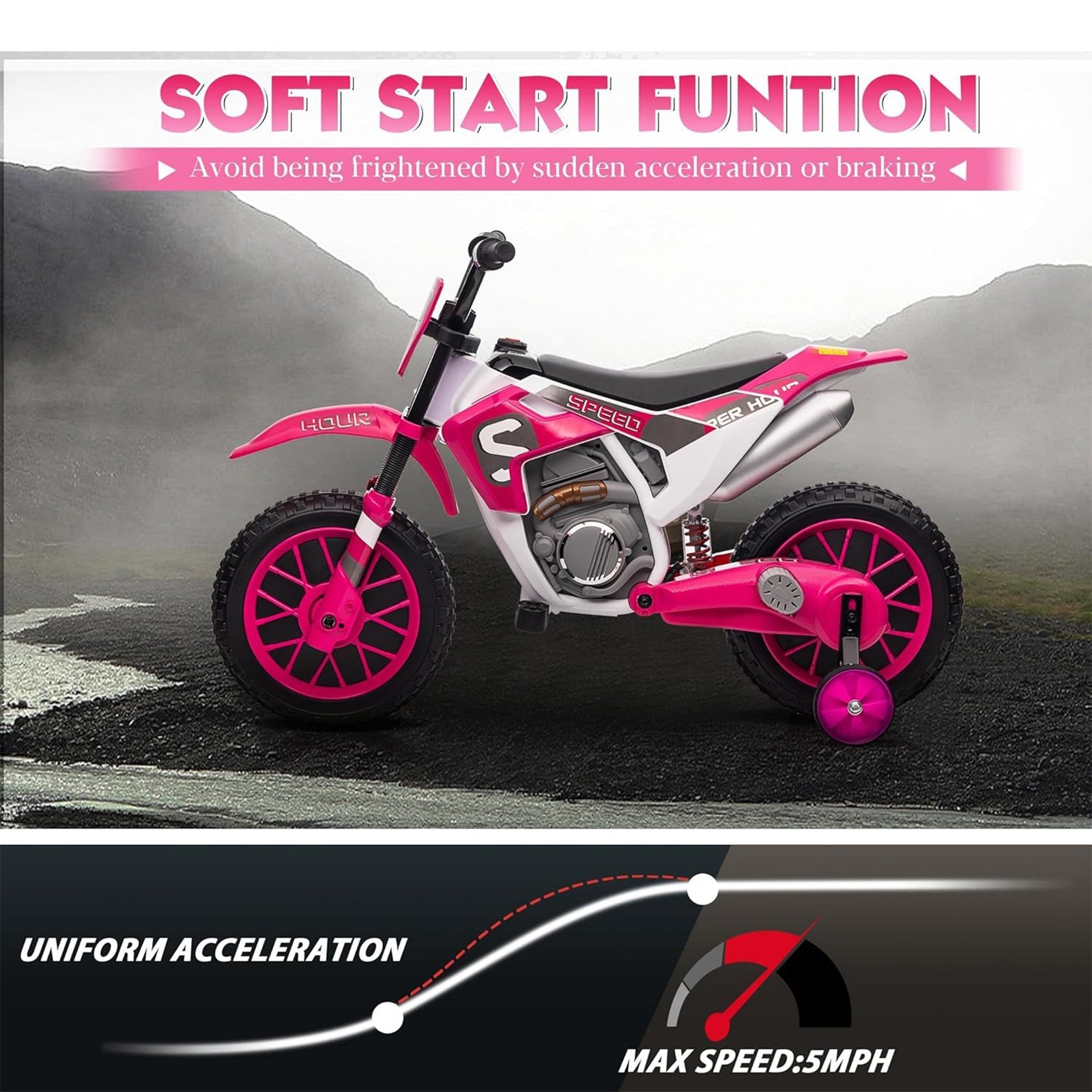 12 Volt Toddler Motorcycle Kids Dirt Bike with Training Wheels, Rose Pink - Image 4