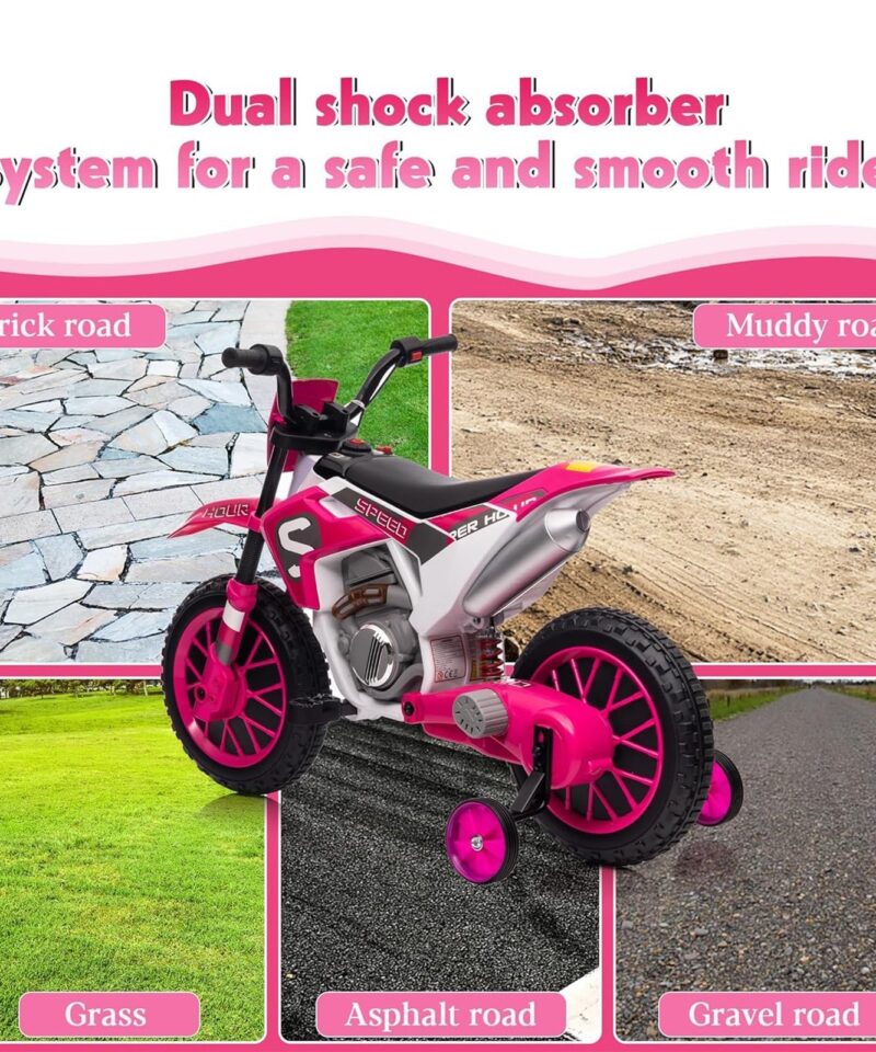 12 Volt Toddler Motorcycle Kids Dirt Bike with Training Wheels, Rose Pink - Image 5