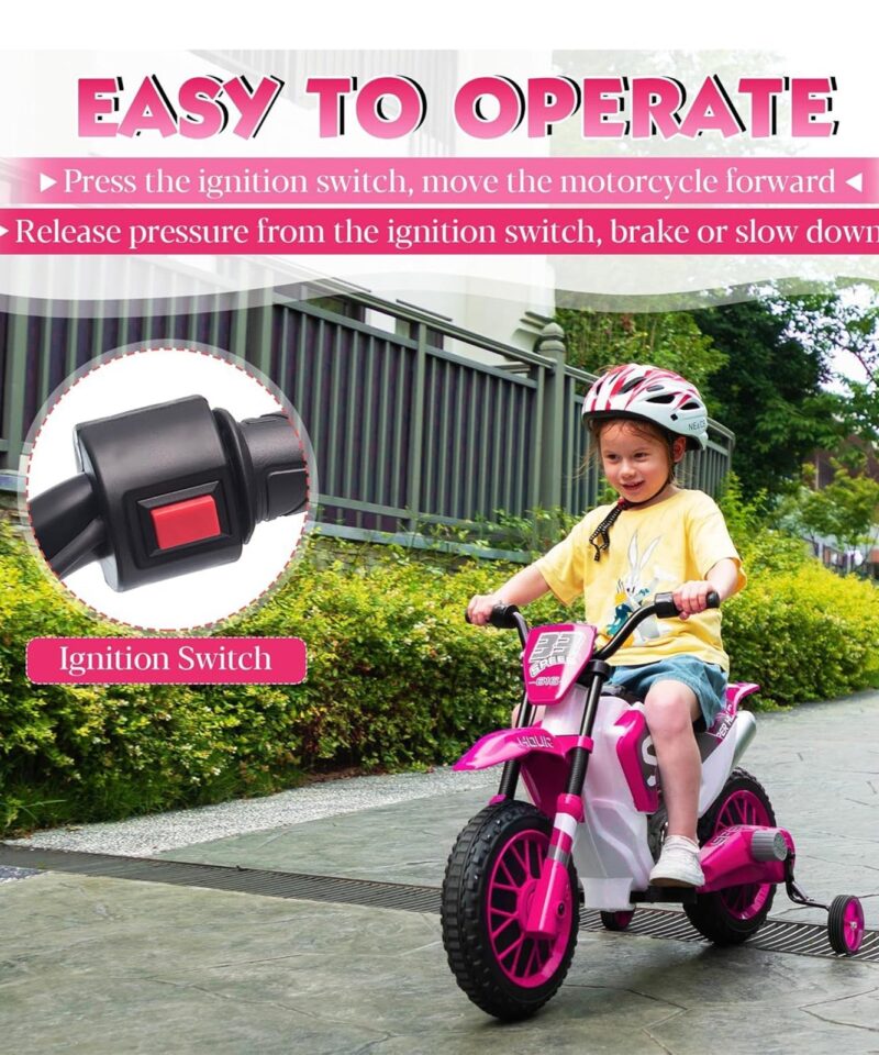 12 Volt Toddler Motorcycle Kids Dirt Bike with Training Wheels, Rose Pink - Image 6