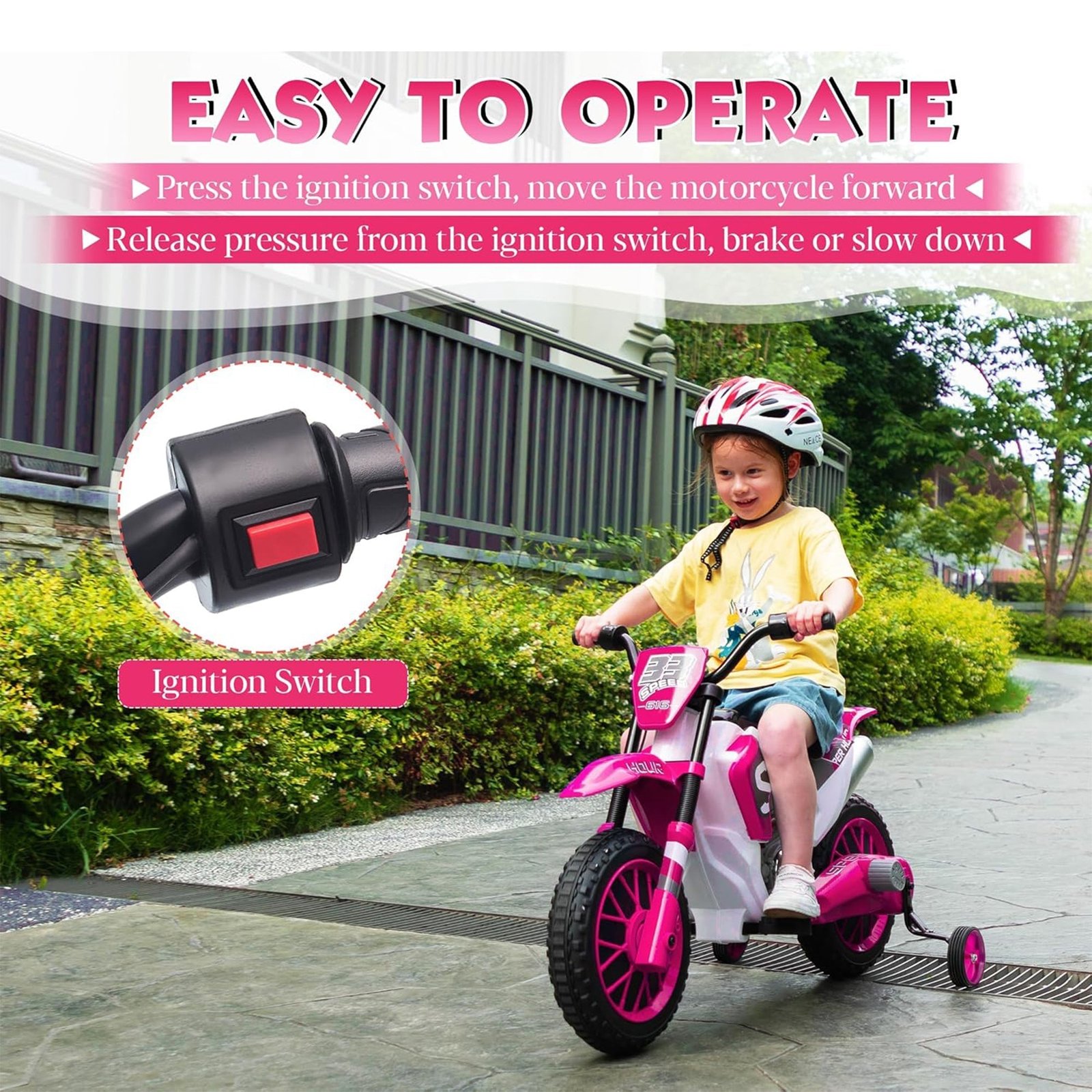 12 Volt Toddler Motorcycle Kids Dirt Bike with Training Wheels, Rose Pink - Image 6