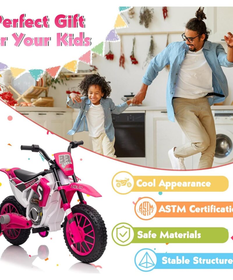 12 Volt Toddler Motorcycle Kids Dirt Bike with Training Wheels, Rose Pink - Image 7