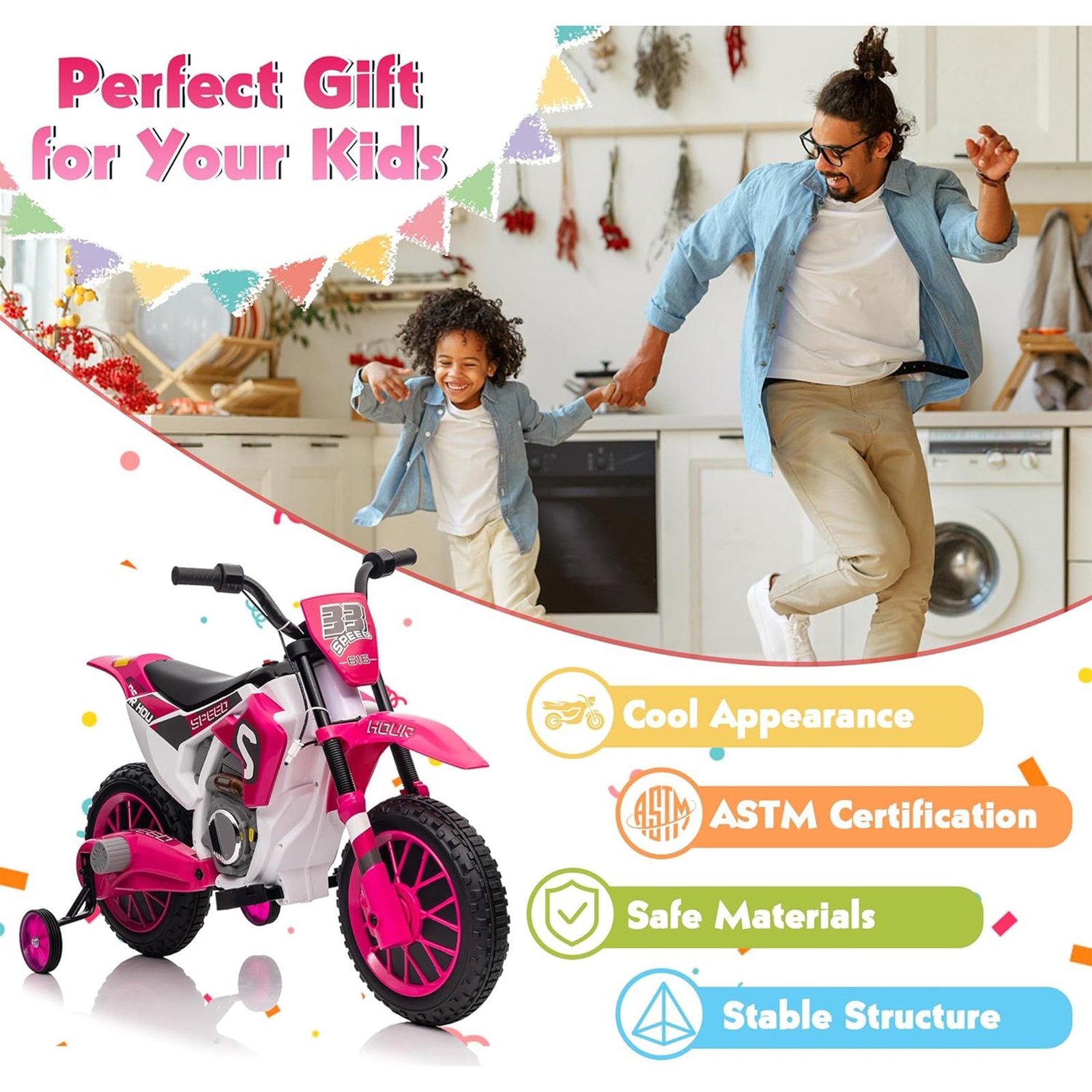 12 Volt Toddler Motorcycle Kids Dirt Bike with Training Wheels, Rose Pink - Image 7