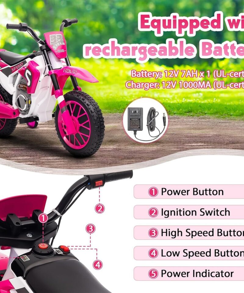 12 Volt Toddler Motorcycle Kids Dirt Bike with Training Wheels, Rose Pink - Image 8