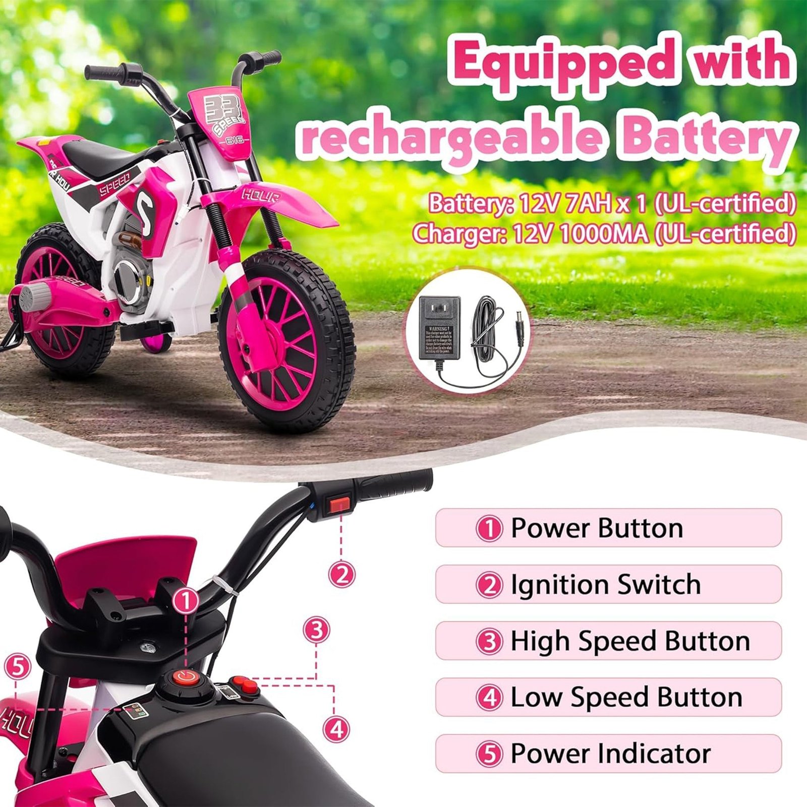 12 Volt Toddler Motorcycle Kids Dirt Bike with Training Wheels, Rose Pink - Image 8