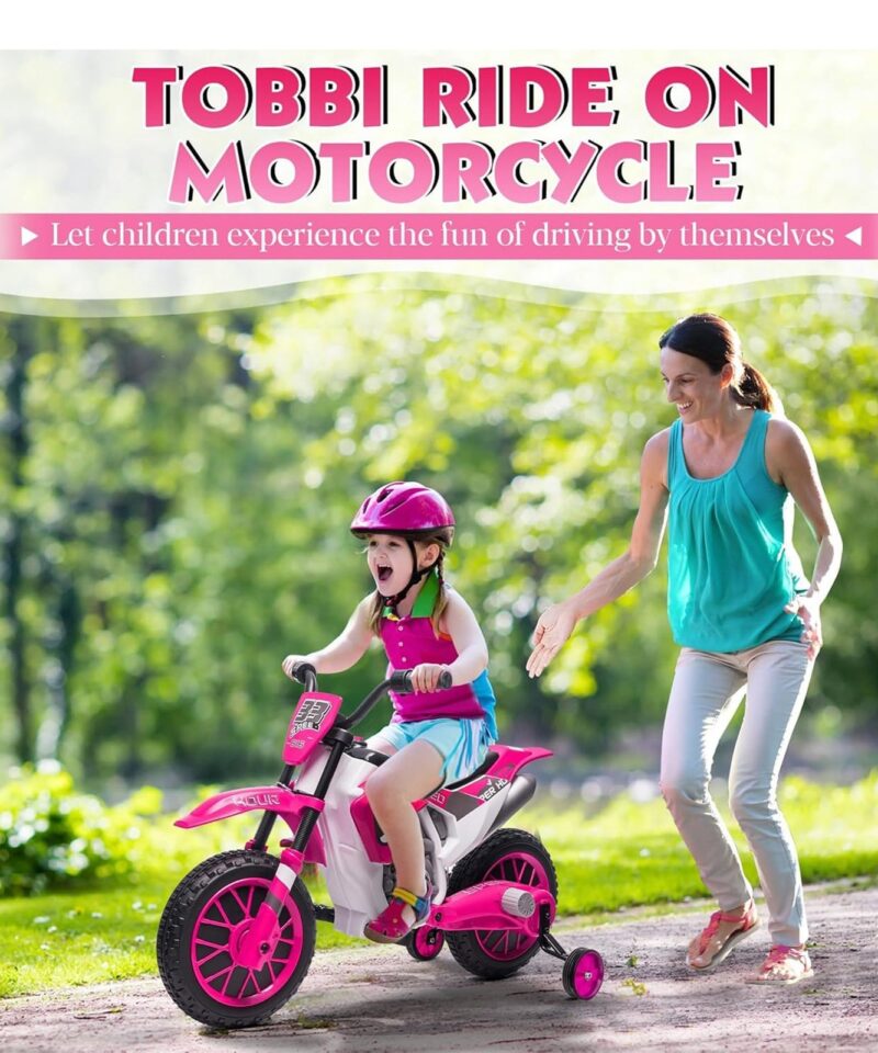 12 Volt Toddler Motorcycle Kids Dirt Bike with Training Wheels, Rose Pink - Image 9
