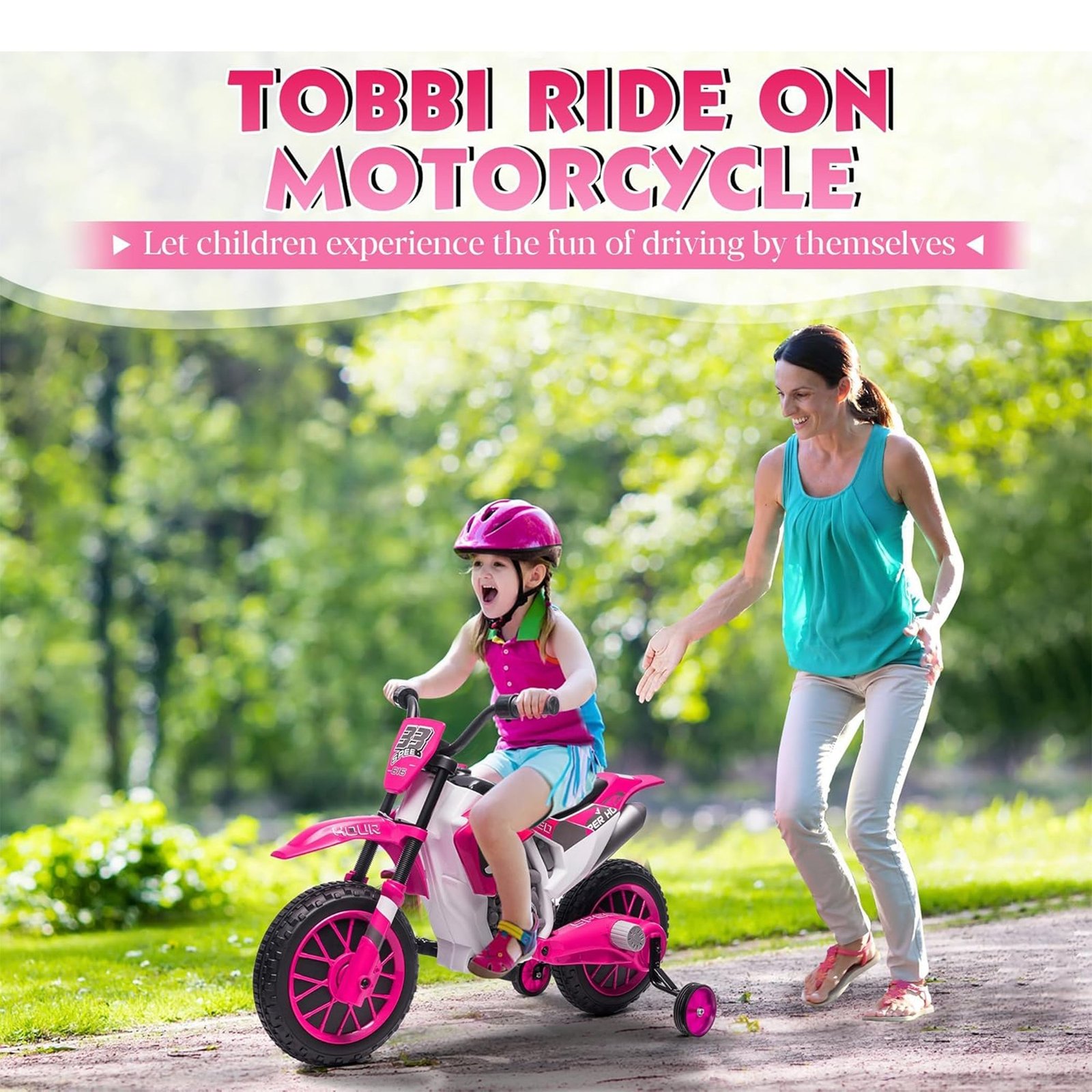 12 Volt Toddler Motorcycle Kids Dirt Bike with Training Wheels, Rose Pink - Image 9