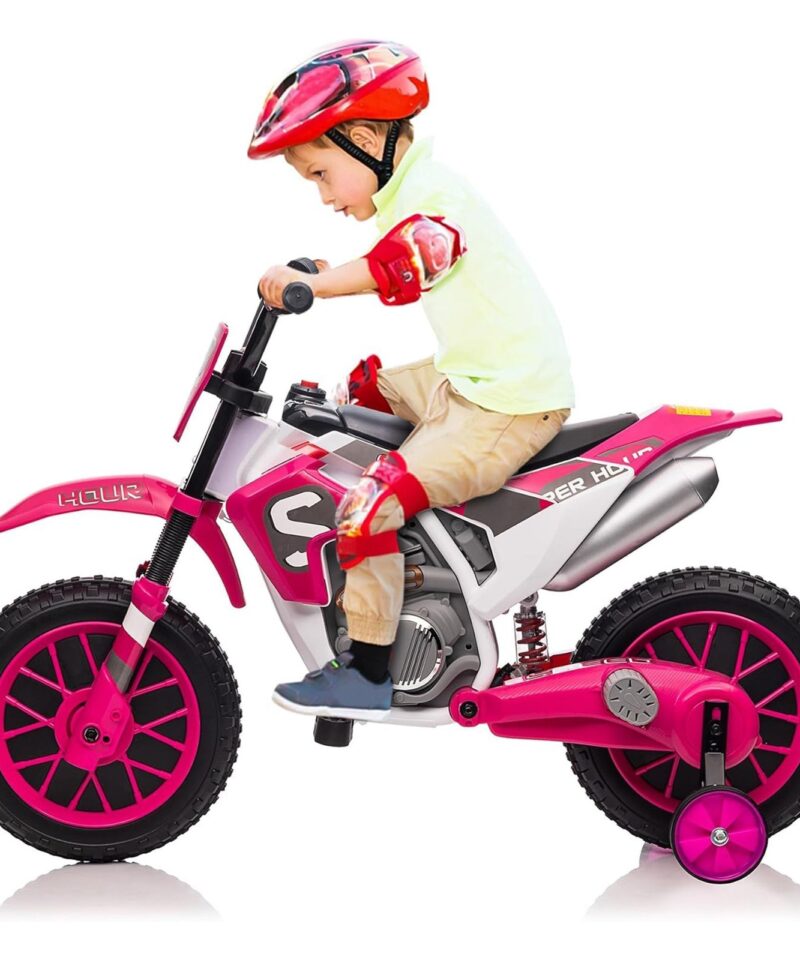 12 Volt Toddler Motorcycle Kids Dirt Bike with Training Wheels, Rose Pink - Image 10