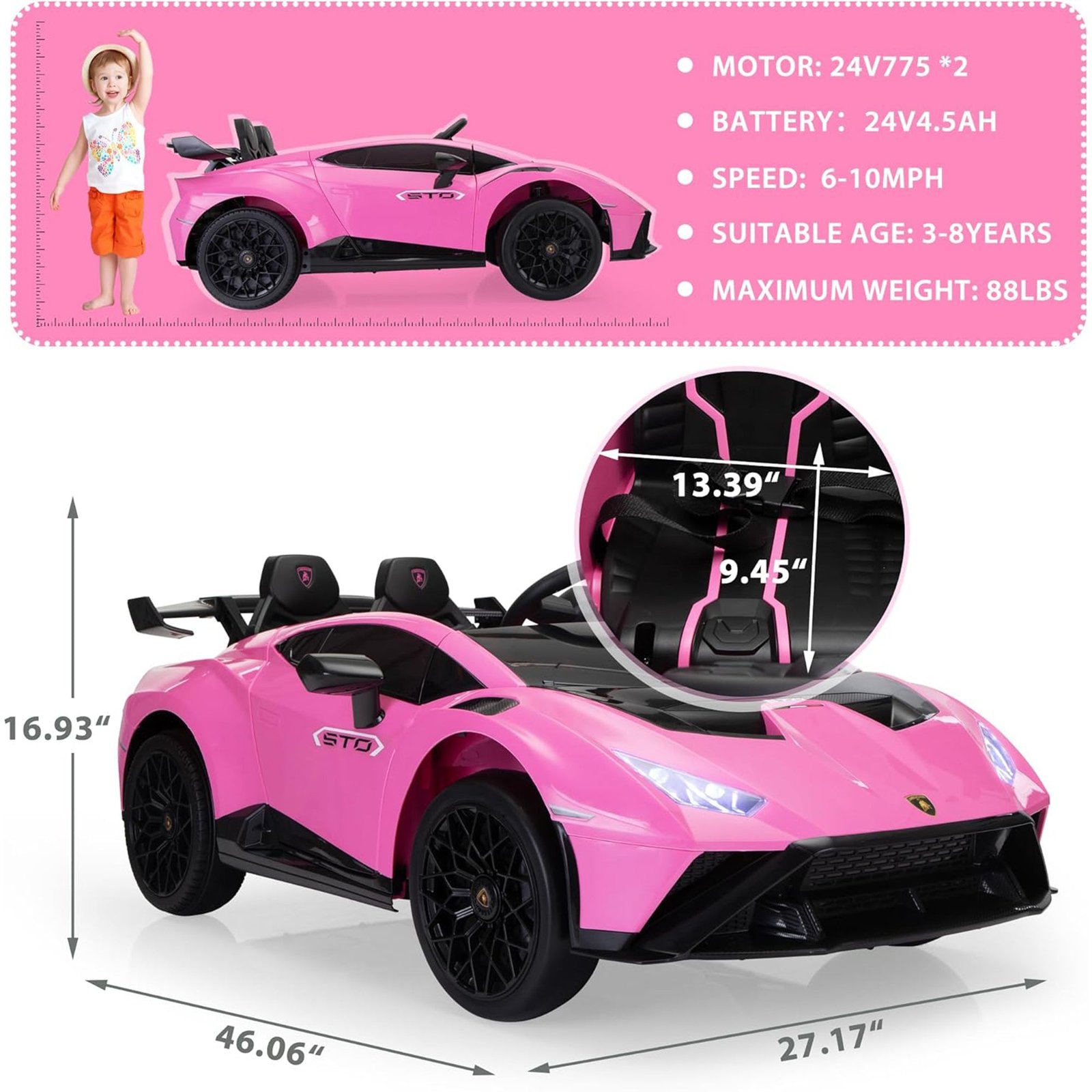 24 Volt Lamborghini Electric Car Toy with Remote Control Included, Pink - Image 2
