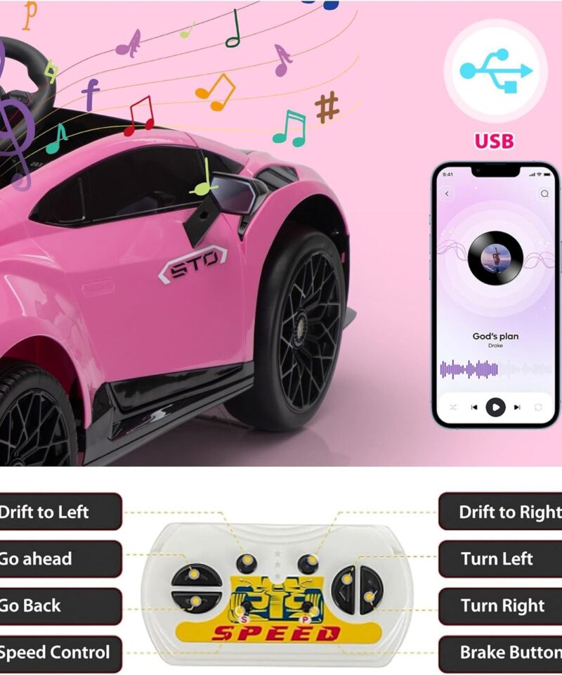 24 Volt Lamborghini Electric Car Toy with Remote Control Included, Pink - Image 6