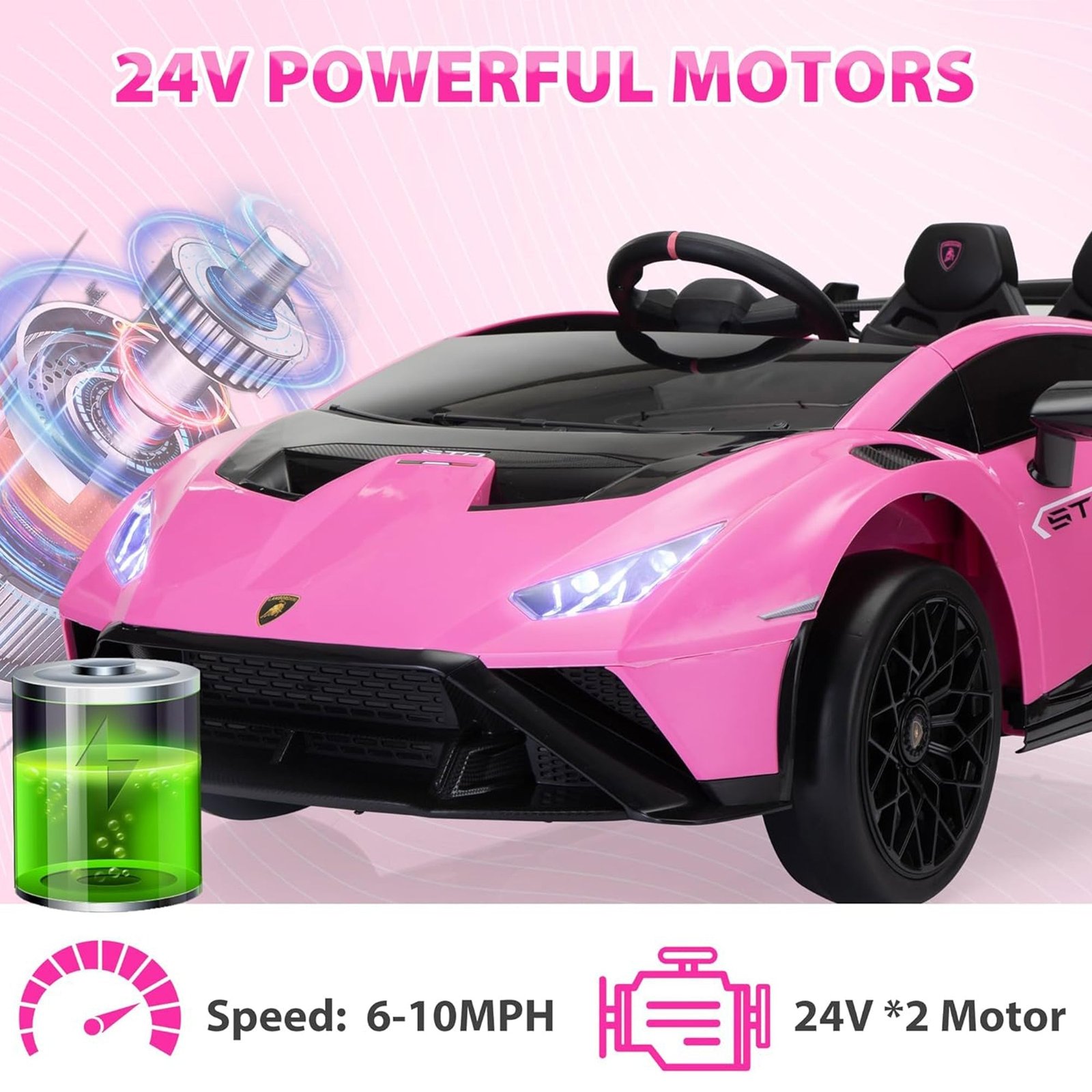 24 Volt Lamborghini Electric Car Toy with Remote Control Included, Pink - Image 7