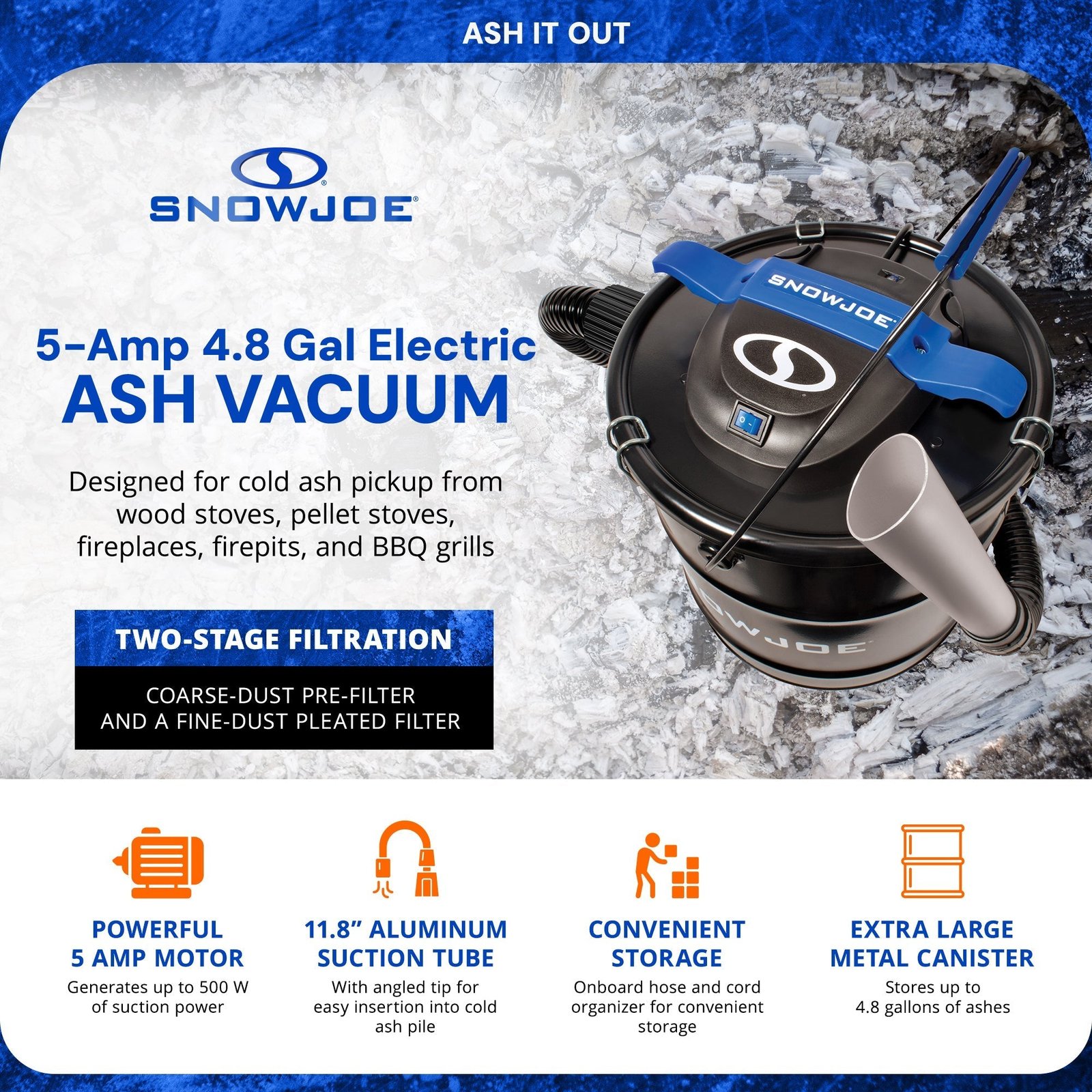 4.8 Gallon Bagless Ash Vacuum Cleaner, Metal Canister, Blue, ASHJ202E - Image 2