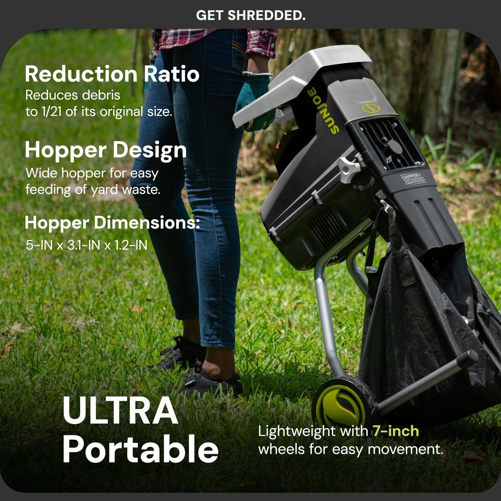 Silent Wood Chipper Shredder, 15 Amp Machine with 1.7″ Diameter, CJ603E - Image 3