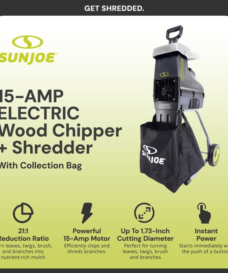 Silent Wood Chipper Shredder, 15 Amp Machine with 1.7″ Diameter, CJ603E - Image 2